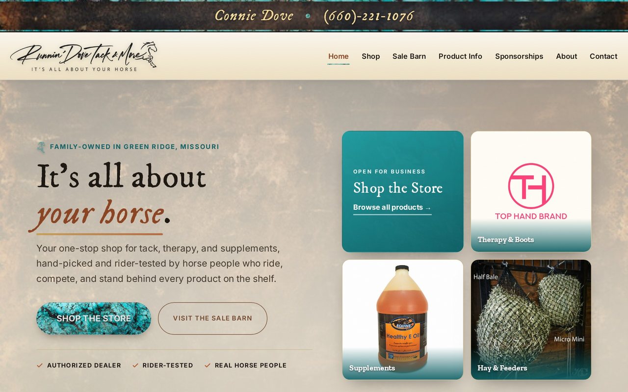 Runnin' Dove Tack & More, a western tack, therapy, and supplement e-commerce store, built by Iron Sharp Media